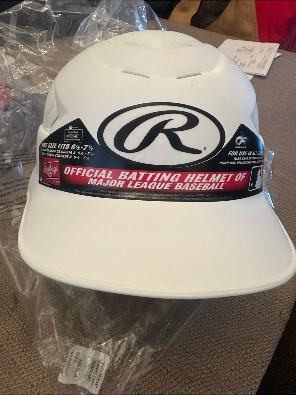 Rawlings White Official Batting Helmet with Black Logo and Red Accent